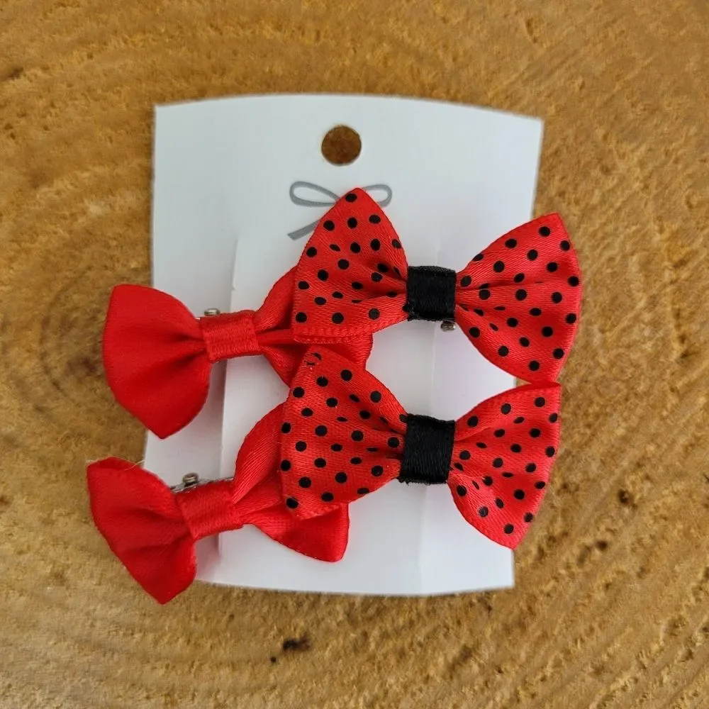 4 Handmade Red And Black Polka Dot Bow Hair Clips